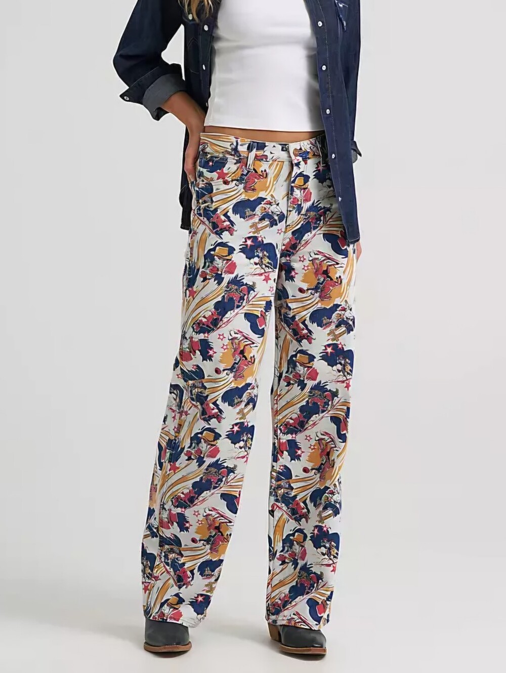 Wrangler Western Print Cowboy Rodeo Straight Wide Leg Jeans Womens 31 x 32